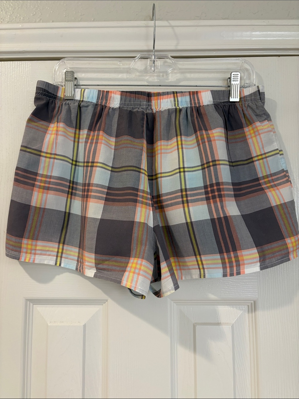 Xhilaration Plaid Cotton Lounge Shorts - Gray, Peach, Yellow, light blue, &white - Picture 2 of 5
